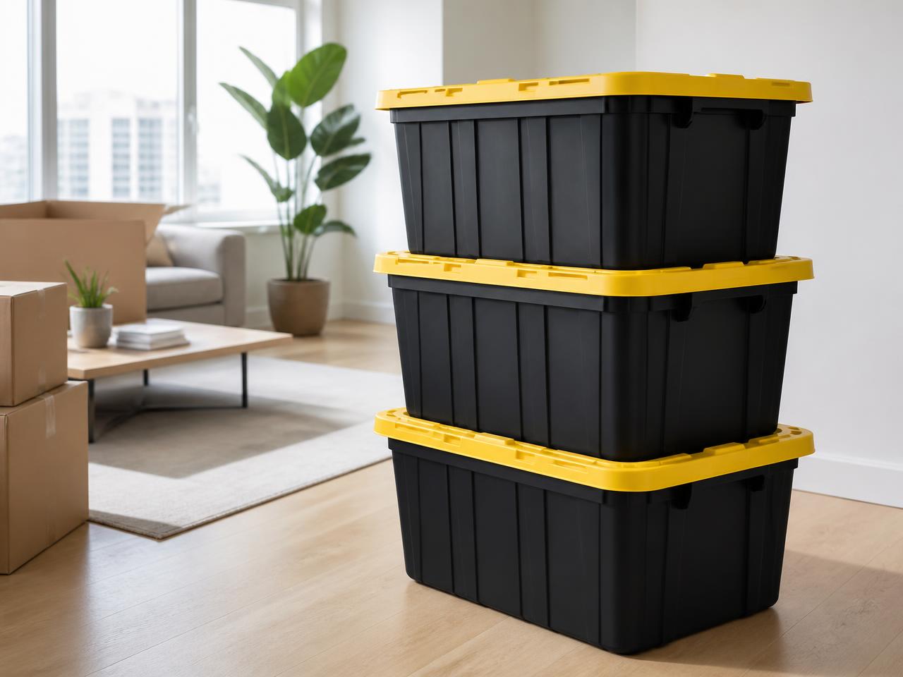 Stack of black reusable Stackr moving totes with yellow lids in a bright modern apartment